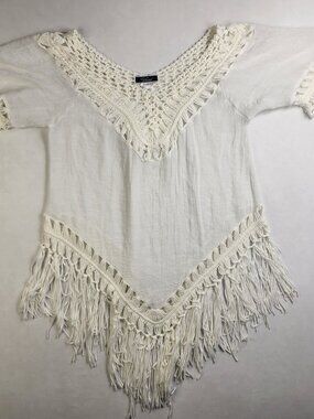 Vivid Collections Woman's Large L Boho Crochet Fringe Top Ivory Lace Festival